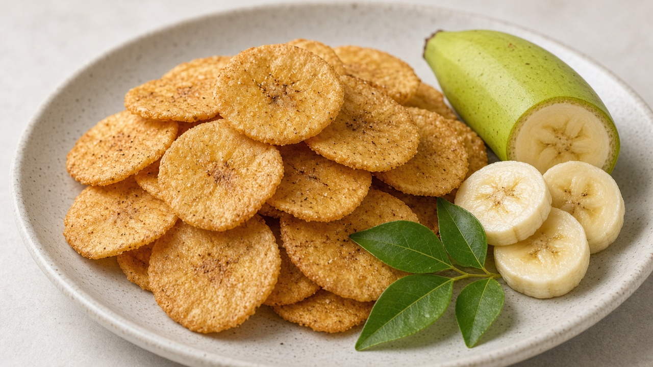 Plate of thin golden banana wafers beside a green banana, banana slices, and curry leaves.